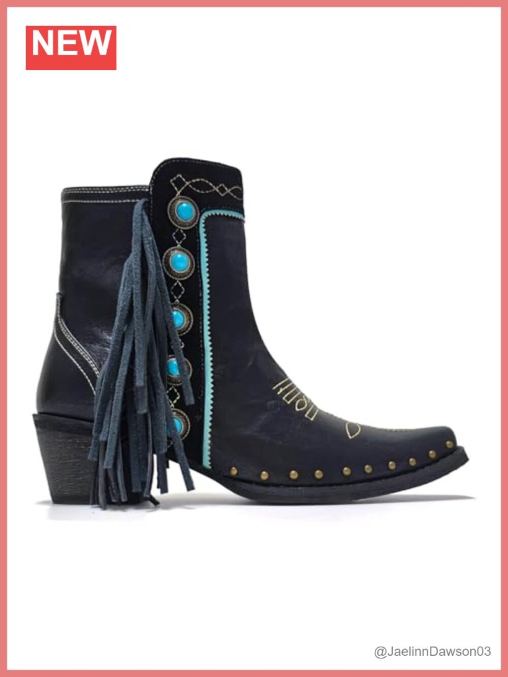 Fringe Studded Western Ankle Booties Turquoise Stones Zip Block Heel